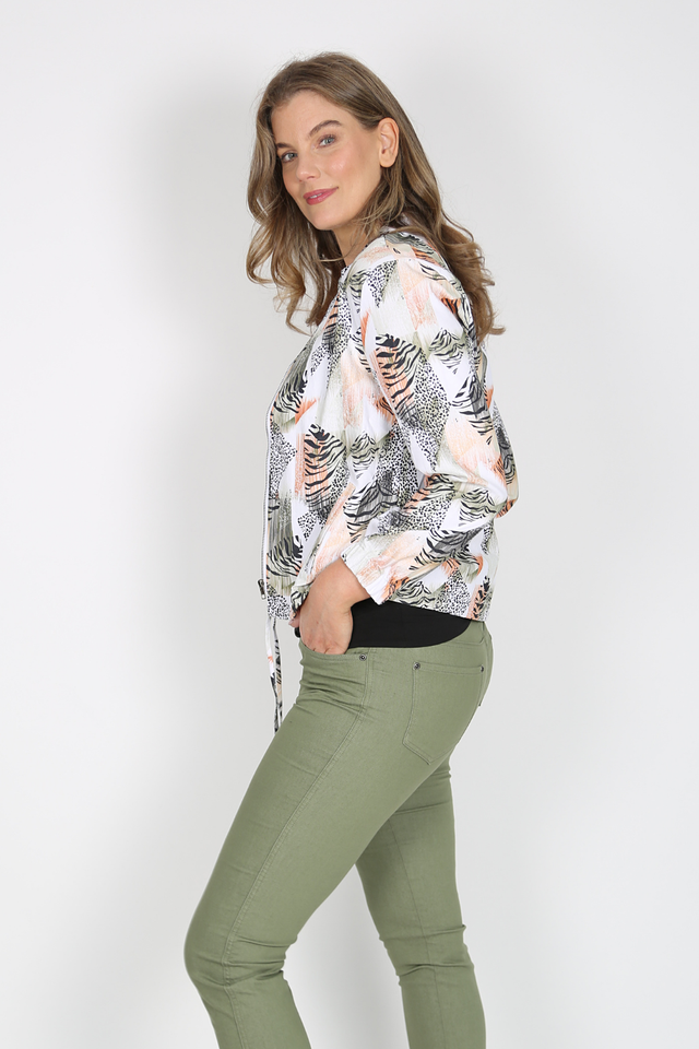 JANICE Khaki Animal Print Cotton Stretch Bomber Jacket